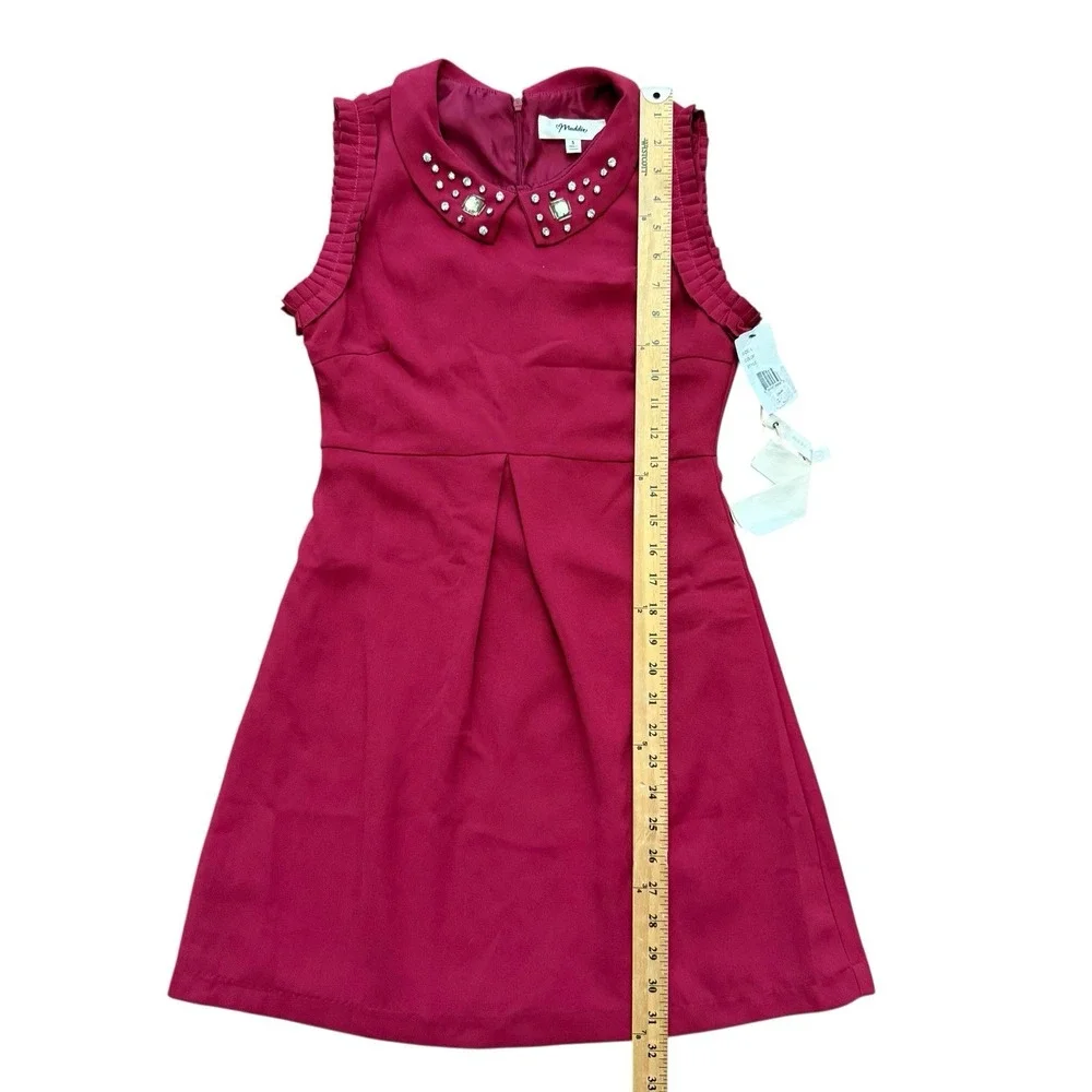 Maddie Juniors Size 5 Sleeveless Dress Burgundy Jeweled Collar A-Line New - Picture 9 of 11